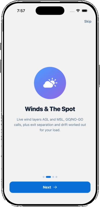Jumpfolio onboarding: winds and the spot with live wind layers and GO/NO-GO calls
