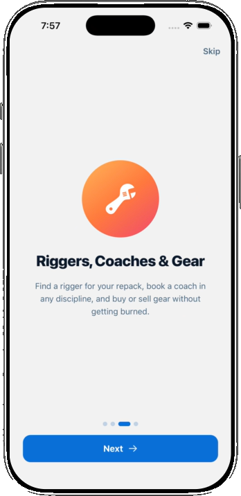 Jumpfolio onboarding: riggers, coaches and gear