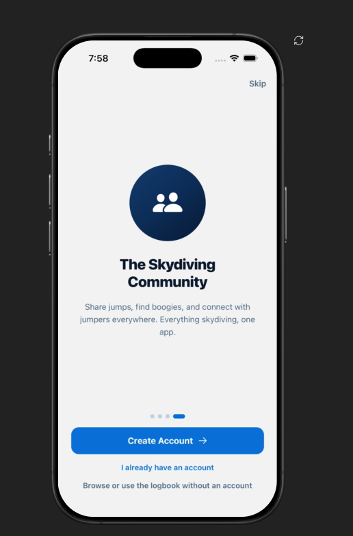 Jumpfolio onboarding: the skydiving community feed