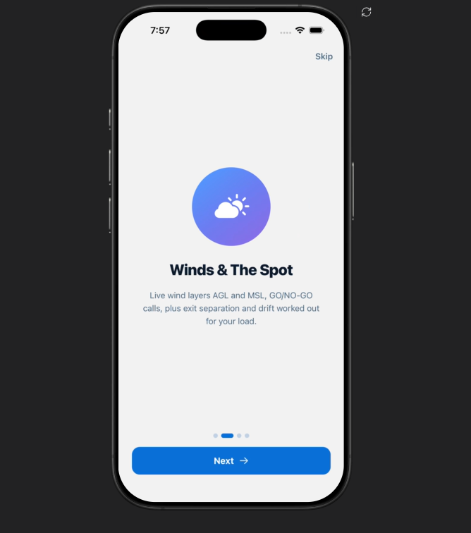 Jumpfolio onboarding: winds and the spot with live wind layers and GO/NO-GO calls