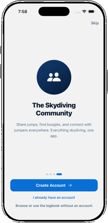 Jumpfolio onboarding: the skydiving community feed