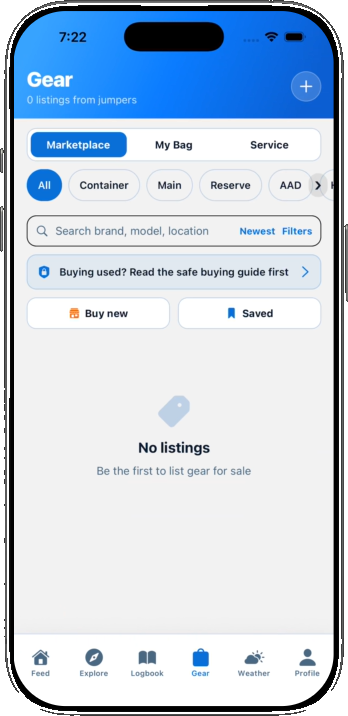 Jumpfolio marketplace screen with filters for container, main, reserve and AAD and a safe buying guide