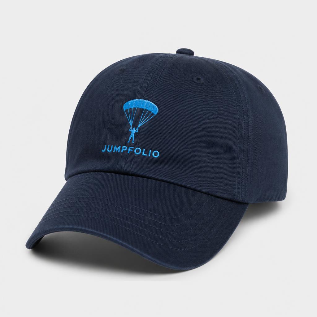 Navy Jumpfolio embroidered dad cap with blue skydiver logo
