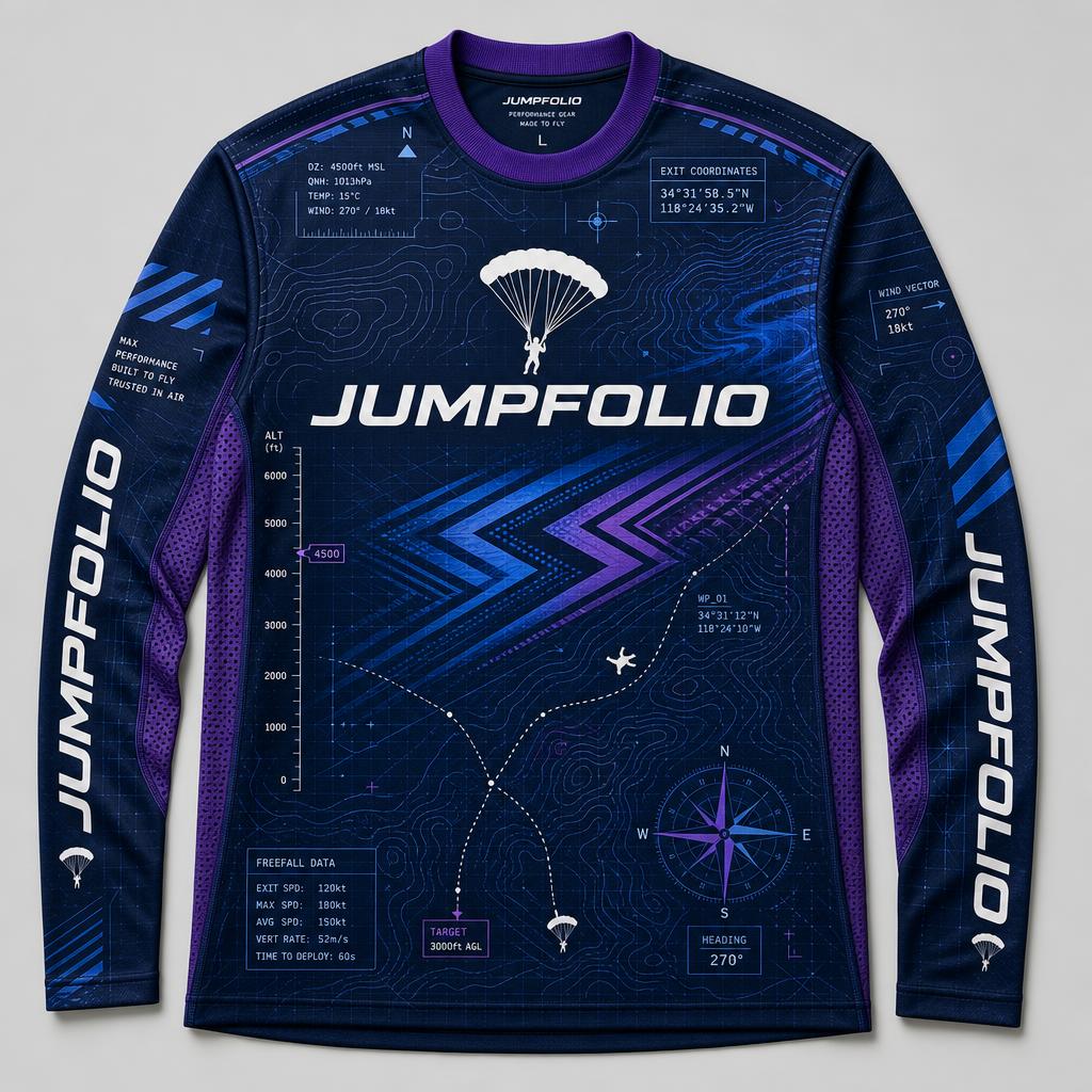 Modern Jumpfolio long-sleeve skydiving jersey in navy with an all-over print of topographic maps, altitude scales, chevrons and formation diagrams in blue and violet