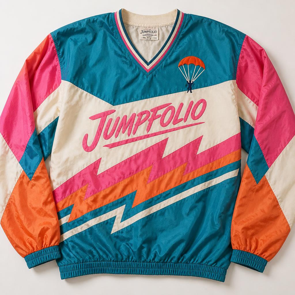 Retro 1980s style Jumpfolio jersey with teal, pink and orange colour blocking and lightning chevrons