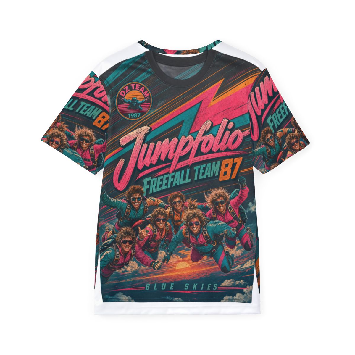 Retro 1980s style Jumpfolio jersey with teal, pink and orange colour blocking and lightning chevrons