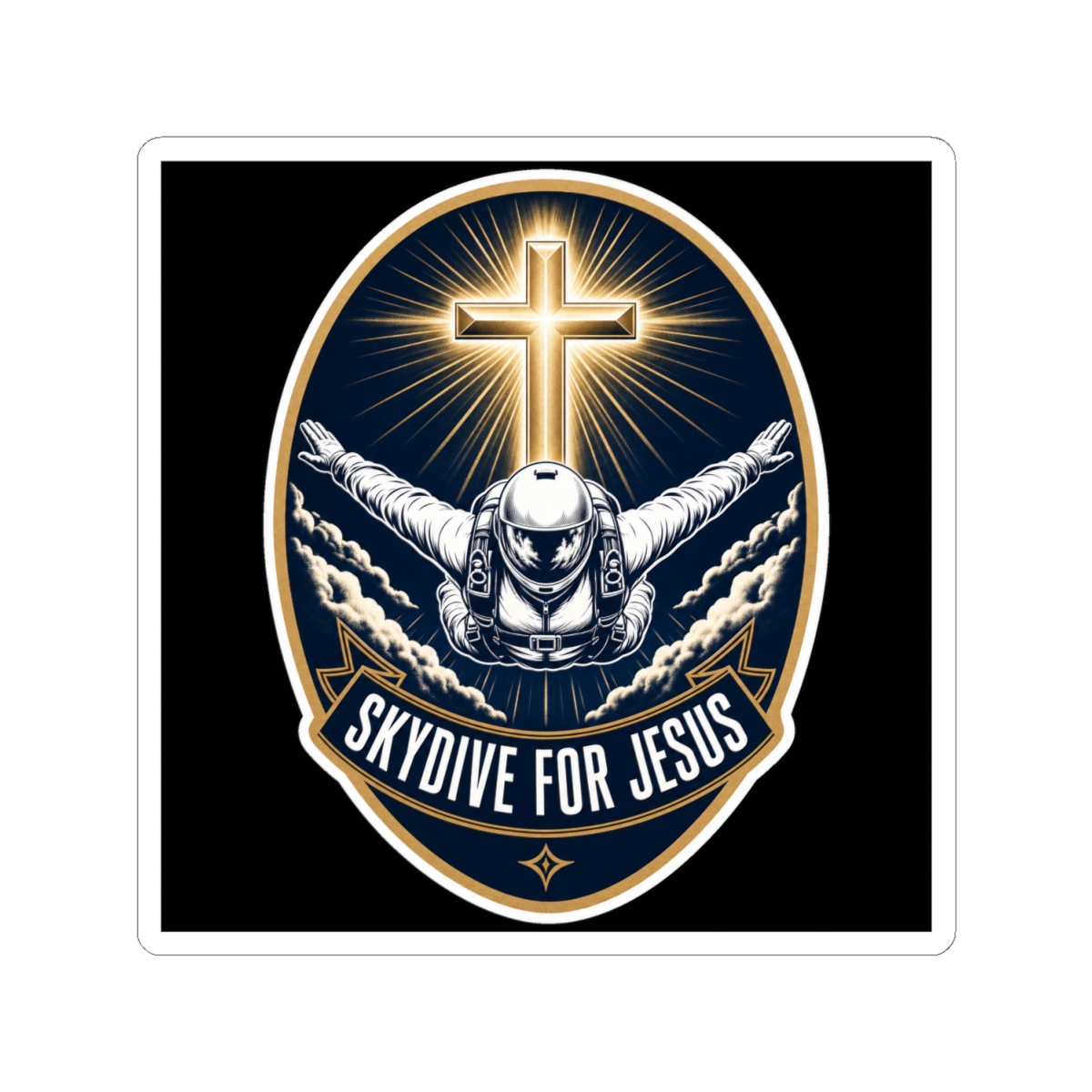 Navy die-cut Skydive for Jesus vinyl sticker with white skydiver and gold cross