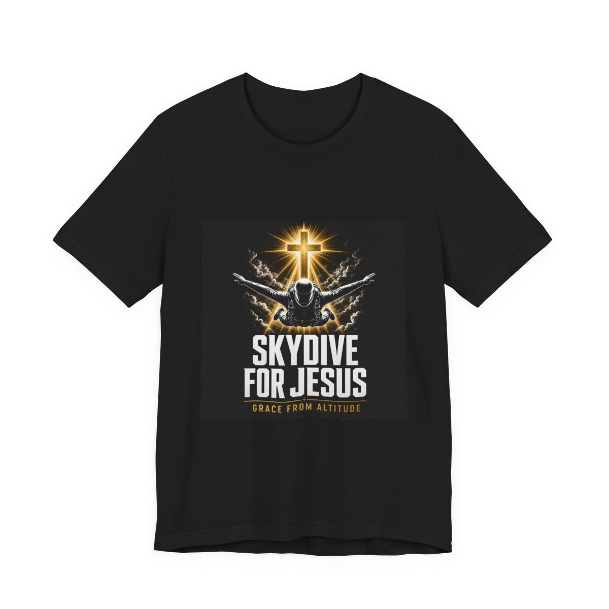 Navy Skydive for Jesus t-shirt with white skydiver print, wordmark and gold cross