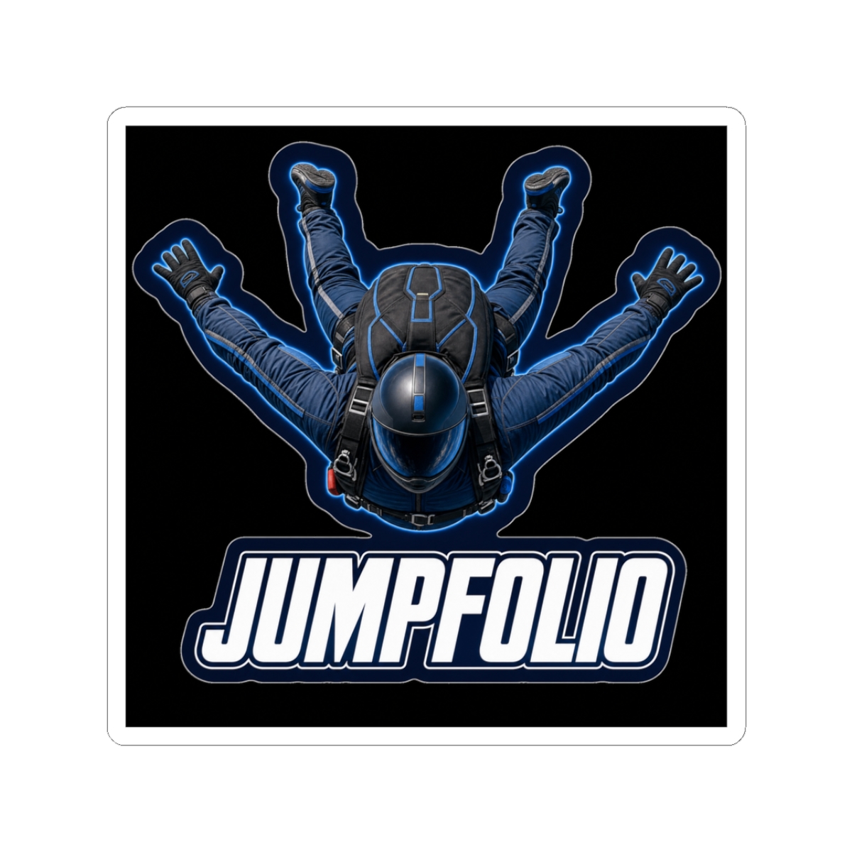 Jumpfolio 3 inch die-cut vinyl sticker with parachutist and Jumpfolio wordmark