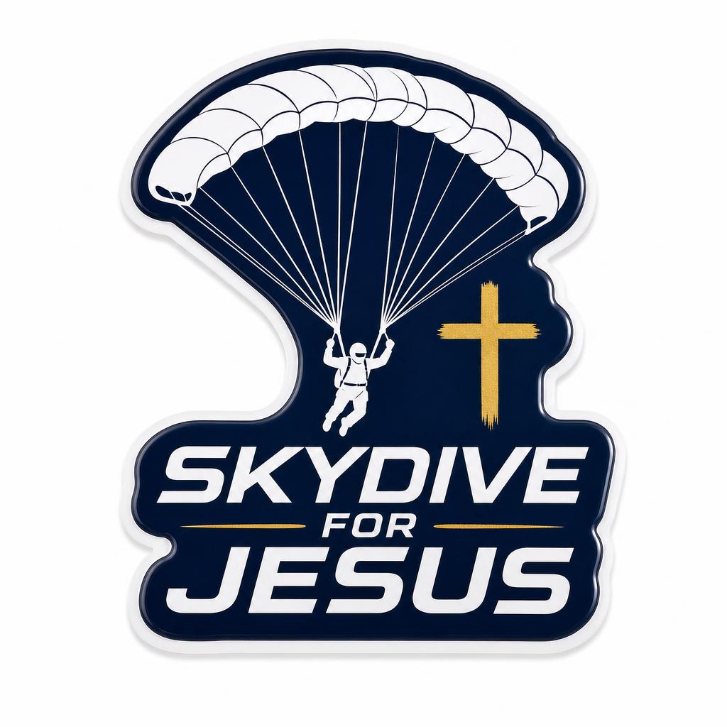Navy die-cut Skydive for Jesus vinyl sticker with white skydiver and gold cross