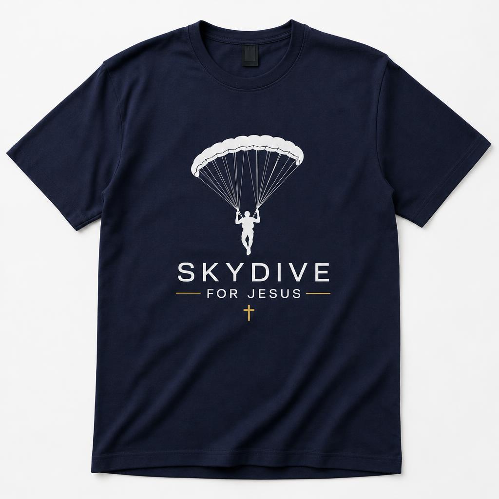 Navy Skydive for Jesus t-shirt with white skydiver print, wordmark and gold cross