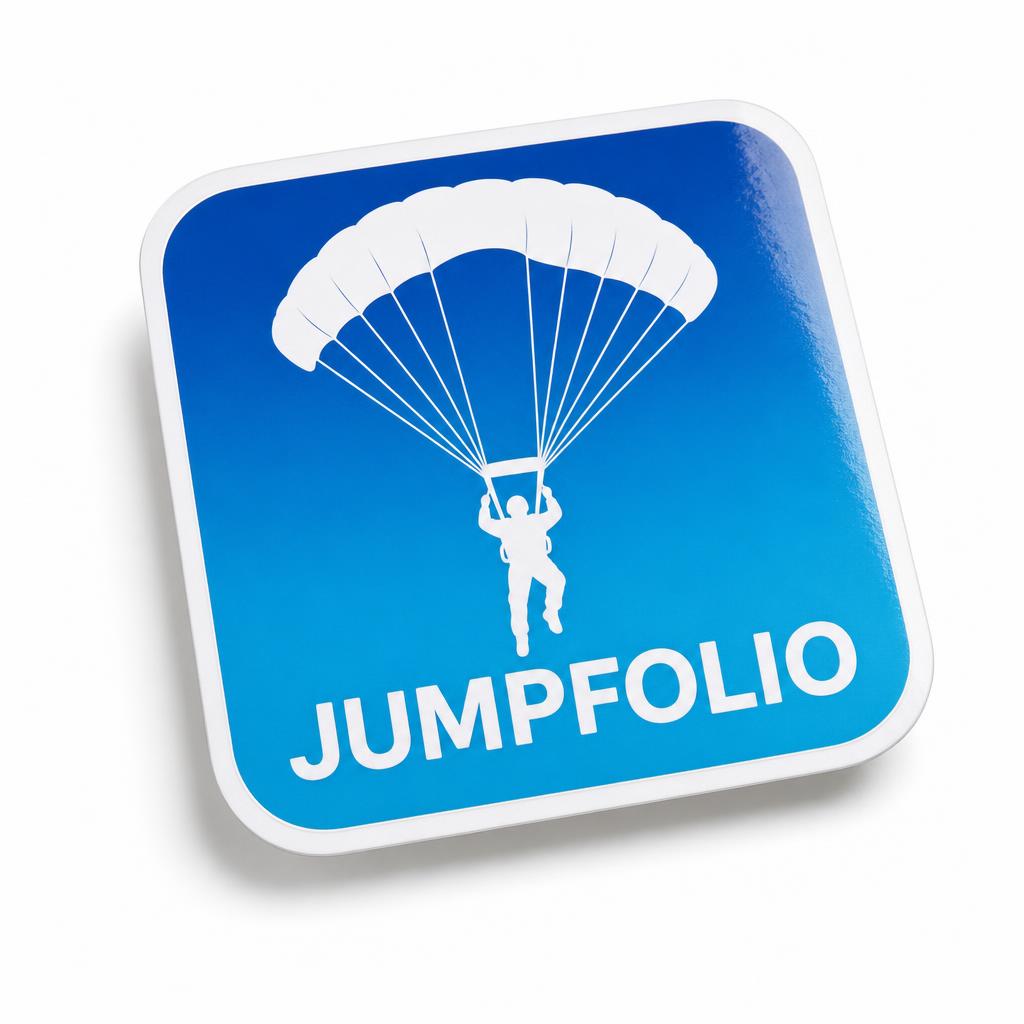 Jumpfolio 3 inch die-cut vinyl sticker with parachutist and Jumpfolio wordmark